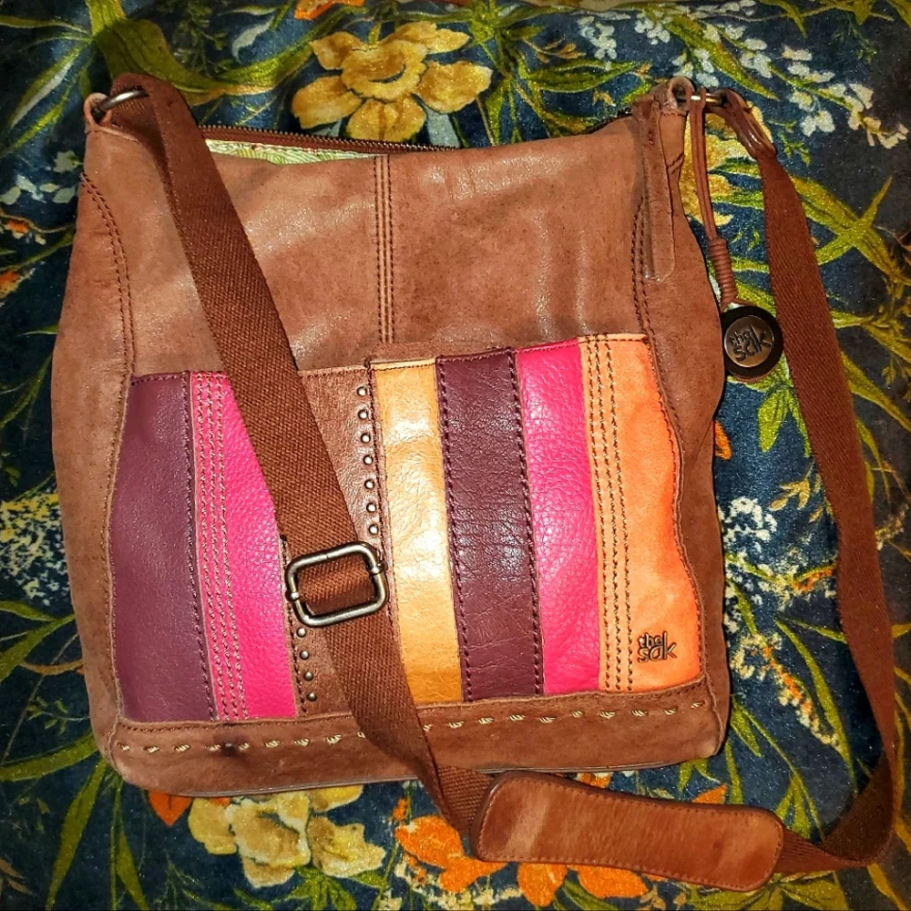 The Sak Brown Leather Crossbody with Pink, Orange, Burgundy & Tan Panels